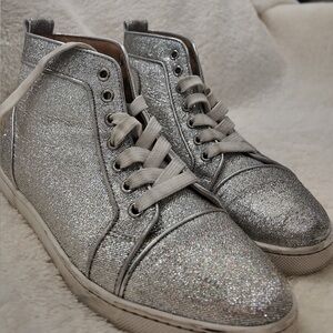 Nib Louboutin silver Orlato flat Lurex high top sneakers (38.5)